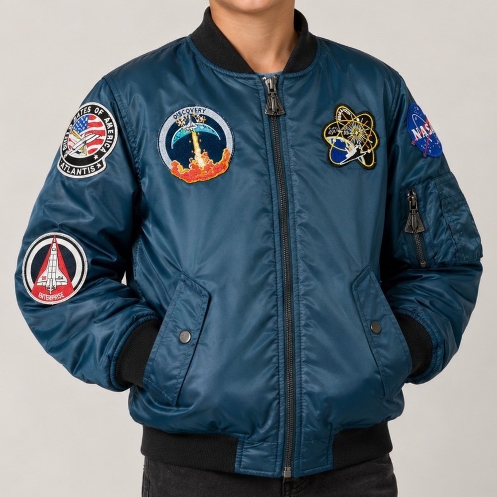 Up and Away Kids NASA Astronaut Flight Bomber Jacket Navy Blue Size M 10 Patches